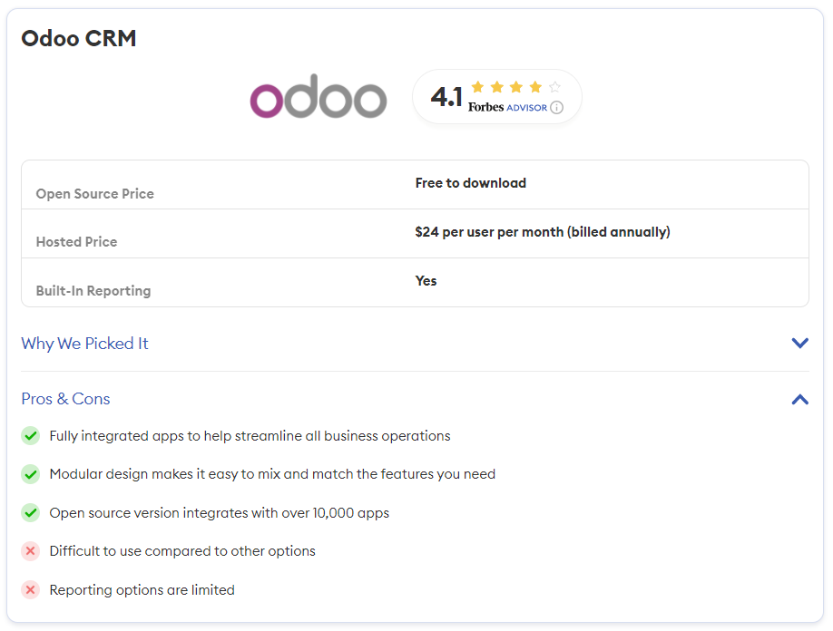Odoo CRM uznany za system warty polecenia przez Forbes'a. Grafika przedstawia, dlaczego system został wybrany do rankingu.